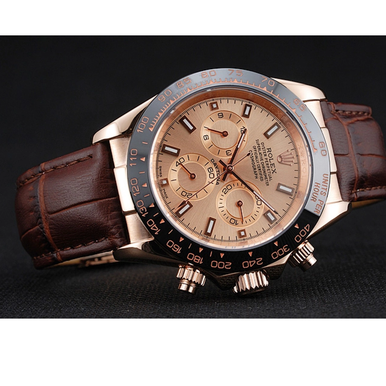 Aaa replica watch Gold Brown Brown Rolex Dial Leather Cosmograph Rose Daytona 1454243 Case Bracelet 0717